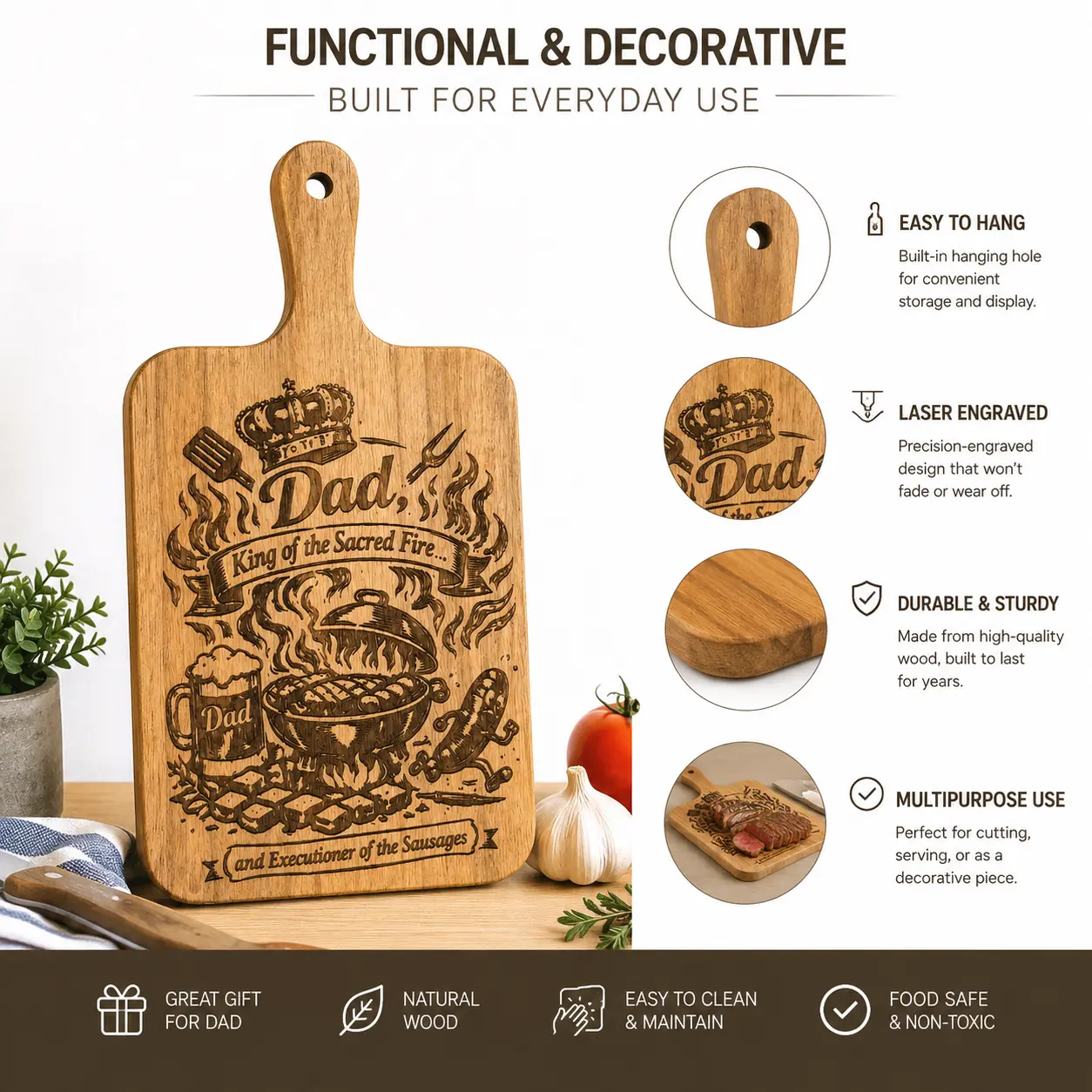 Dad King of the Sacred Fire Engraved Cutting Board - Image 2