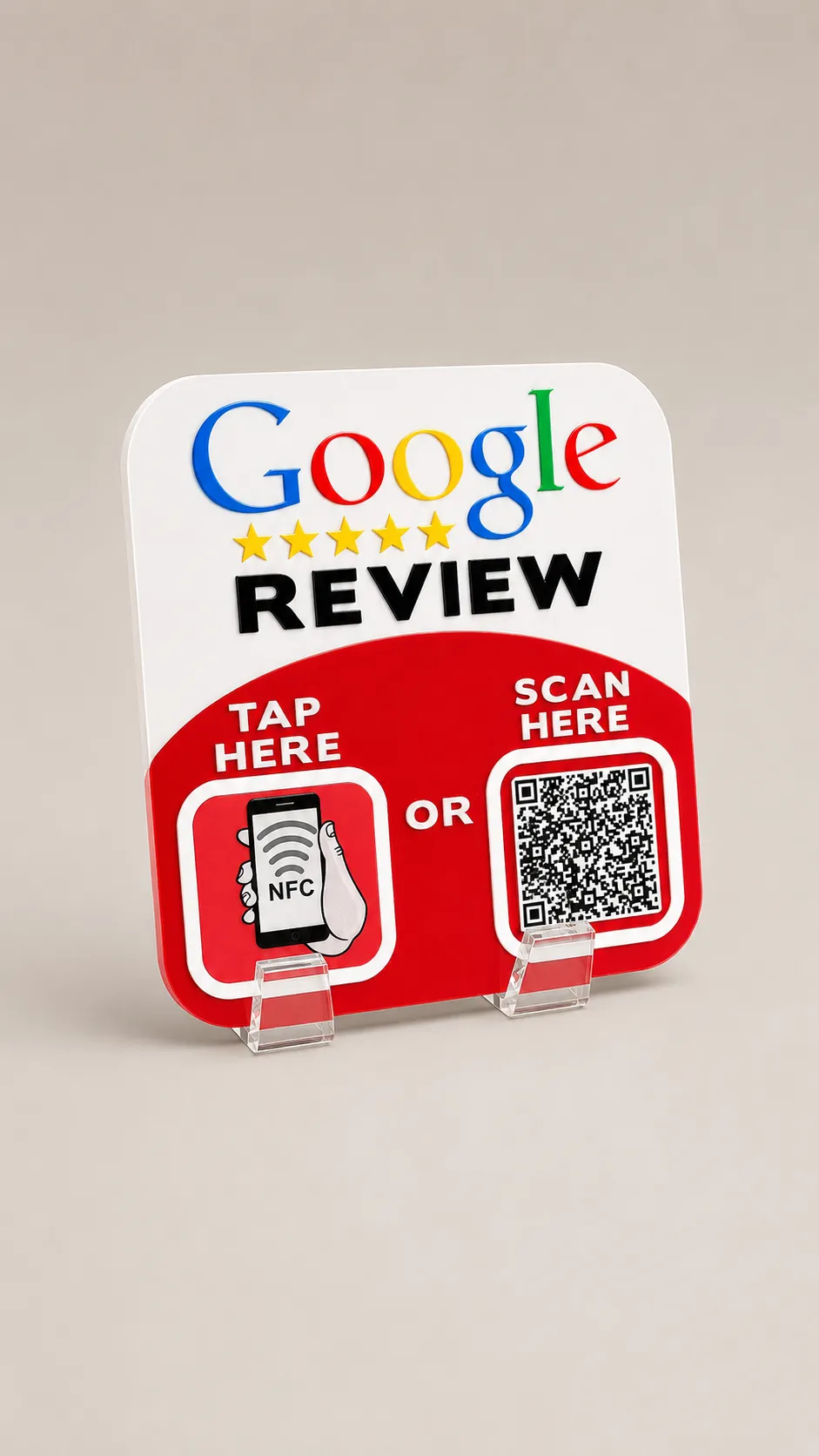 NFC Google Review Display Stand – Red and White Acrylic 4.75×4.25 Inch