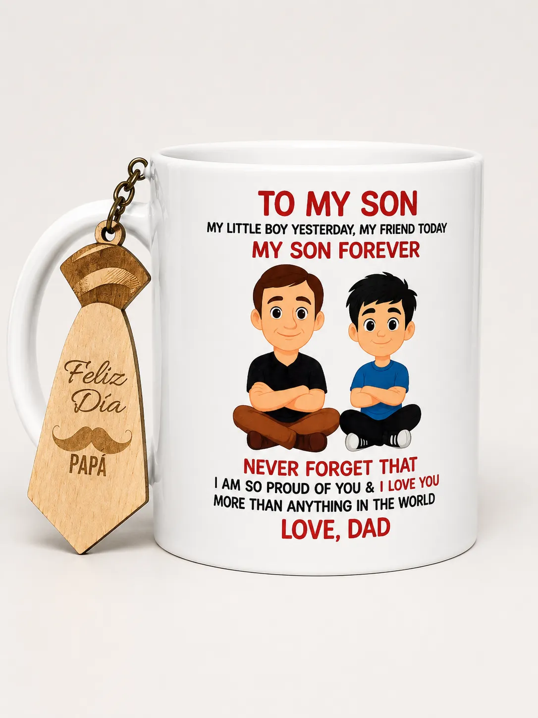 Personalized 11 oz White Ceramic Mug with Wooden Keychain Design – UV DTF