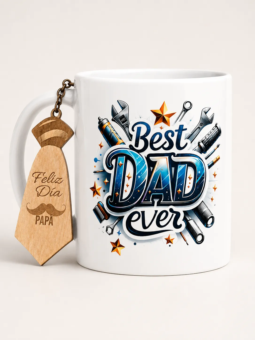 Personalized 11 oz White Ceramic Mug with Wooden Keychain Design – UV DTF
