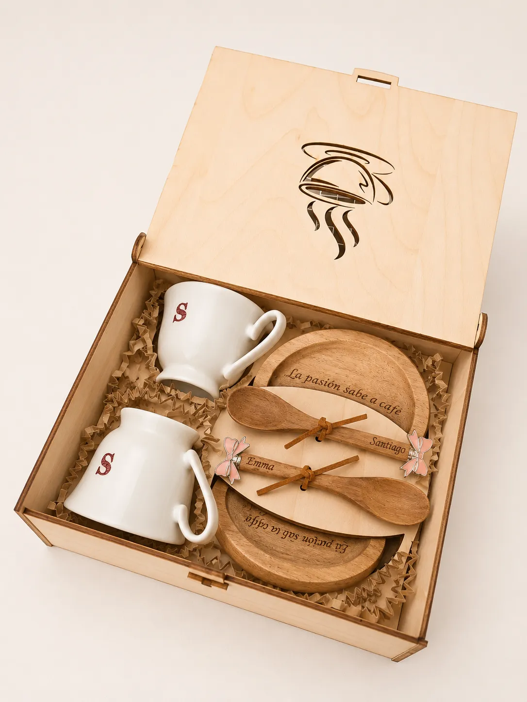 Personalized Coffee Gift Set – 2 Cups with Wooden Box 8×6.5×3 Inch